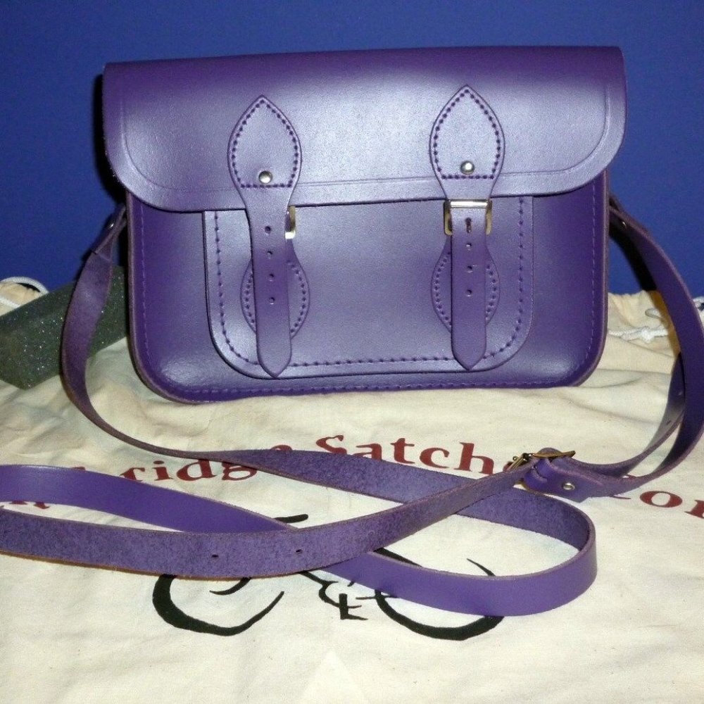 The Cambridge Satchel Company purple leather bag. Made in UK.